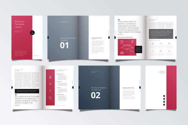 Brochure Design layout showing various internal and external pages